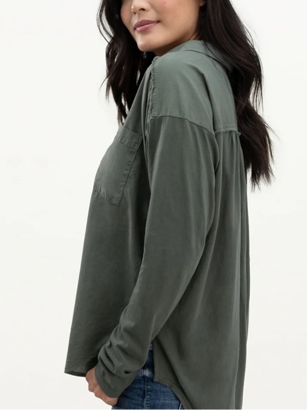 Splendid Paige Button Down Shirt XS Olive Green Mixed Media Cotton Viscose Top